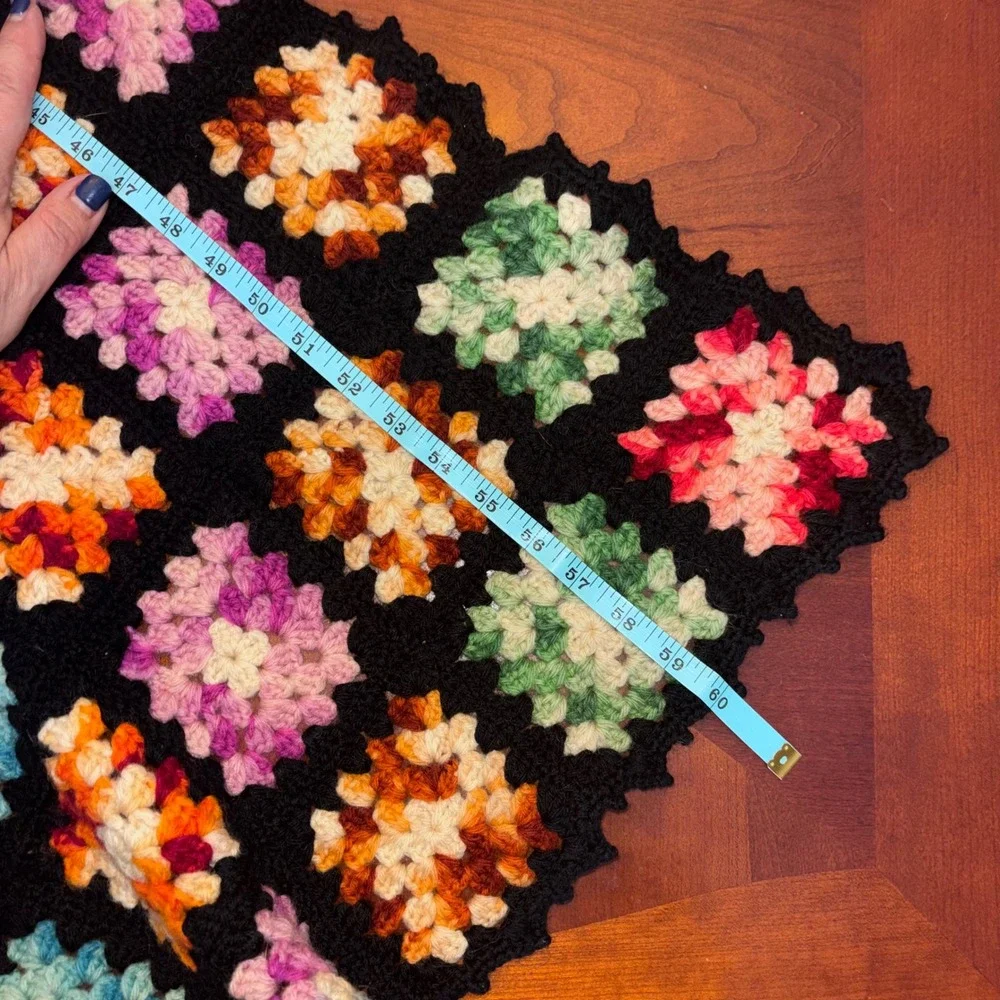 Vintage Handmade Crocheted‎ Granny Square Blanket Black Multi Color Afghan 43x60